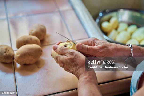 peeling potatoes on a kitchen counter - prepared potato fotografías e imágenes de stock