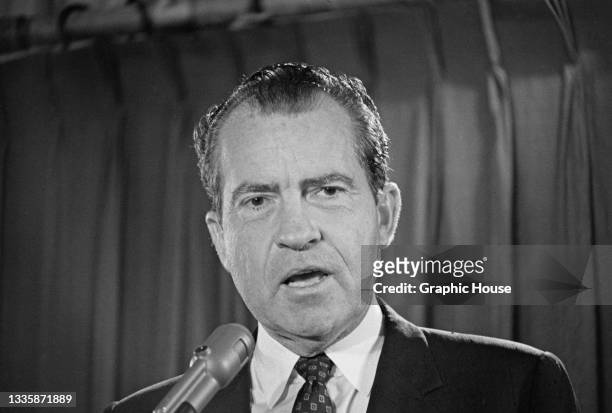 American politician Richard Nixon addressing a press conference on the final day of the 1968 Republican National Convention, held at the Miami Beach...