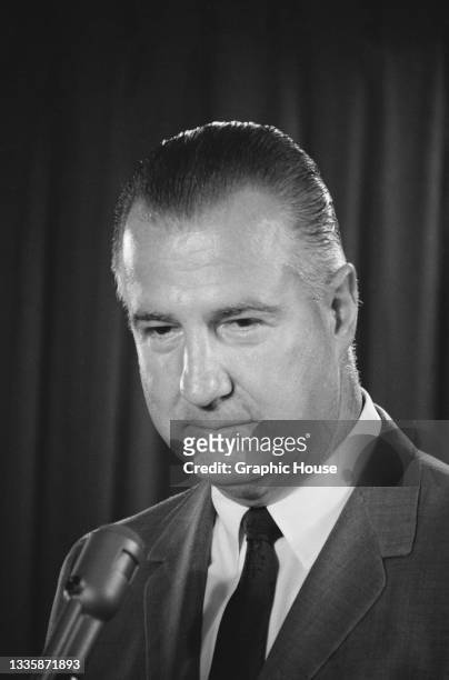 American politician Spiro Agnew , Governor of Maryland, addressing a press conference on the final day of the 1968 Republican National Convention,...