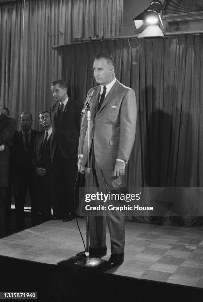 American politician Spiro Agnew , Governor of Maryland, addressing a press conference on the final day of the 1968 Republican National Convention,...