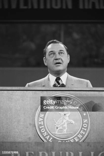 American politician Claude R Kirk Jr , Governor of Florida, at the lectern addressing the 1968 Republican National Convention, held at the Miami...