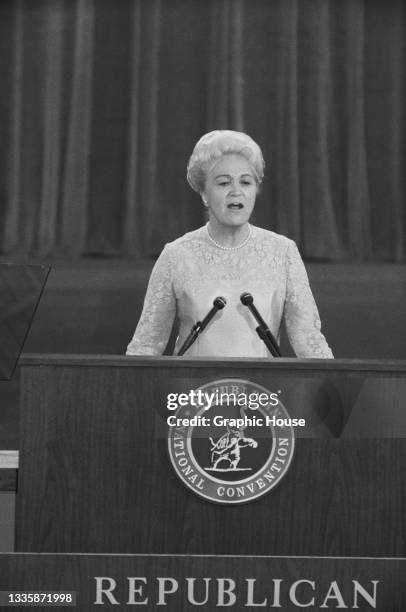 American politician Ivy Baker Priest , California State Treasurer, at the lectern during the 1968 Republican National Convention, held at the Miami...