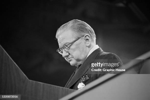American politician Ray C Bliss , Chair of the Republican National Committee, opening the 1968 Republican National Convention, held at the Miami...