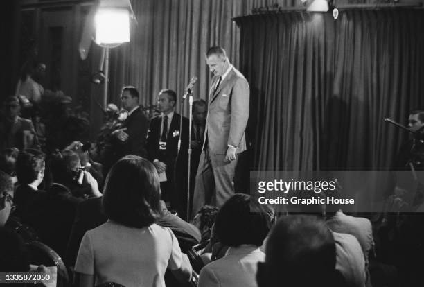American politician Spiro Agnew , Governor of Maryland, addressing a press conference on the final day of the 1968 Republican National Convention,...