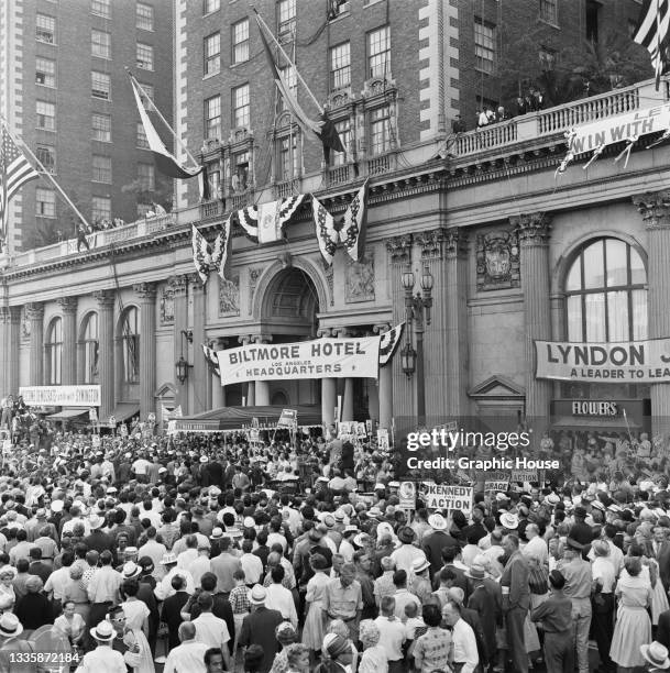 Crowds of JFK supporters outside his campaign headquarters, the Los Angeles Biltmore in Pershing Square, Los Angeles, California, July 1960. Los...