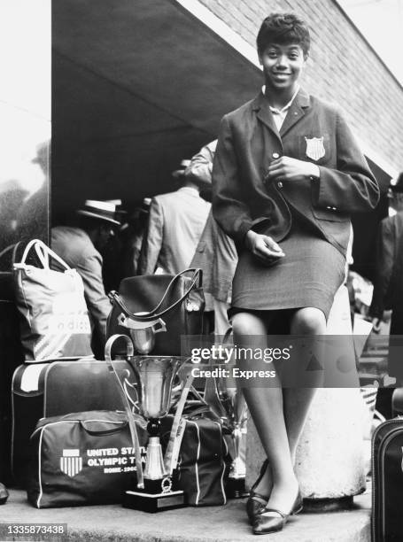 American athlete Wilma Rudolph on her arrival ahead of a Commonwealth versus USA athletics meeting, at London Airport in London, England, 13th...