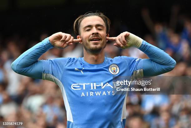 Jack Grealish of Manchester City celebrates after scoring during the Premier League match between Manchester City and Norwich City at Etihad Stadium...
