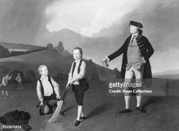 Lithograph of 'A Portrait of the Mason Brothers, Harrow School' , by Henry Walton, depicting a teacher with the Mason brothers, two Harrow...