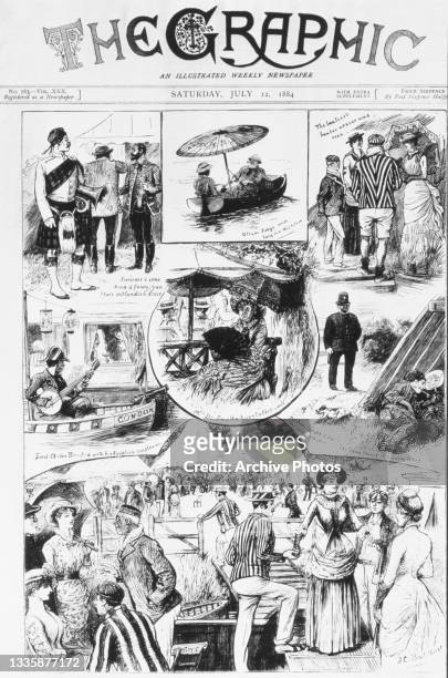 Lithograph captioned 'Sketches at Henley Regatta', showing attendees at the Henley Royal Regatta on the River Thames in Henley-on-Thames, Berkshire,...
