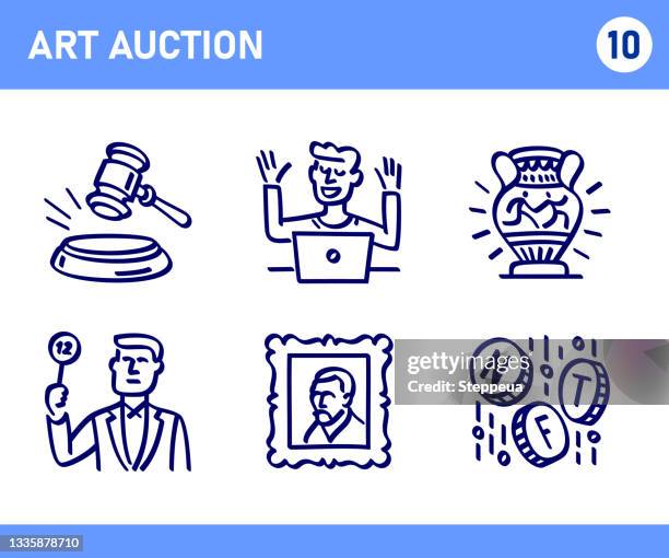 ilustraciones, imágenes clip art, dibujos animados e iconos de stock de conjunto simple de iconos de línea vectorial de doodle relacionados con subastas de arte - bid