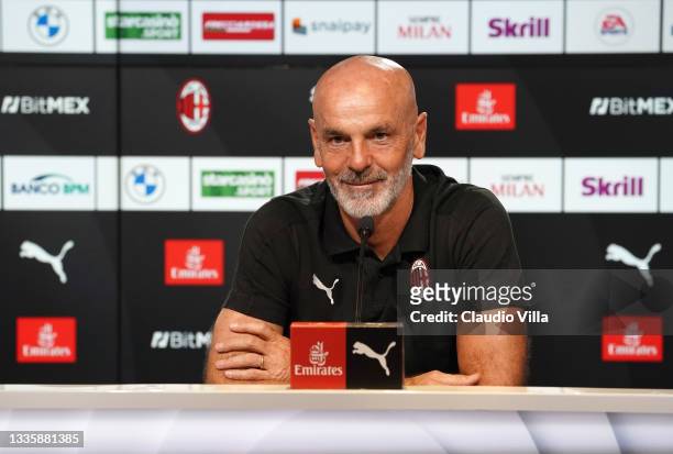 Head coach AC Milan Stefano Pioli speaks to the media during a press conference at Milanello on August 22, 2021 in Cairate, Italy.