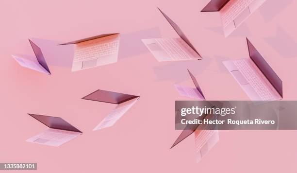 3d render of many pink computers - net sports equipment stock pictures, royalty-free photos & images
