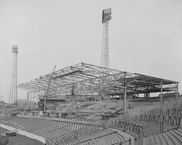 Construction of the new West Stand nearing completion at Stamford Bridge, home of Chelsea Football Club in the borough of Chelsea in London, England,...