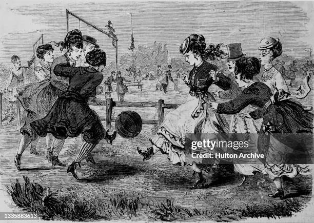 Engraving captioned 'The Amazon Athletic Club' depicting women in Victorian clothing playing football, used to illustrate an article in Harper's...