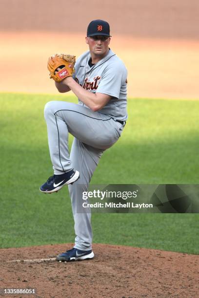 Kyle Funkhouser of the Detroit Tigers pitches during a baseball game against the Baltimore Orioles at Oriole Park at Camden Yards on August 12, 2021...