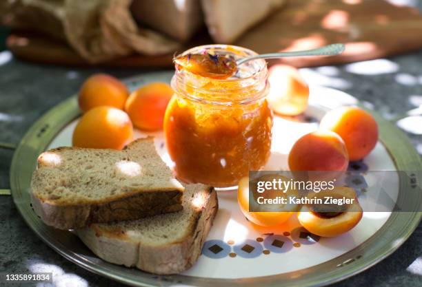 homemade apricot jam with fresh sourdough bread on a tray - aprikosenkonfitüre stock-fotos und bilder