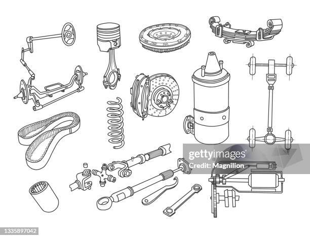car parts doodle set - brake pad stock illustrations