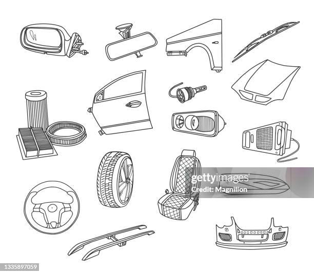 autoteile doodle set - auto rückspiegel stock-grafiken, -clipart, -cartoons und -symbole