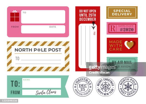 weihnachtsgeschenkanhänger, klebende etiketten und versand von gummistempeln. - postkarte stock-grafiken, -clipart, -cartoons und -symbole