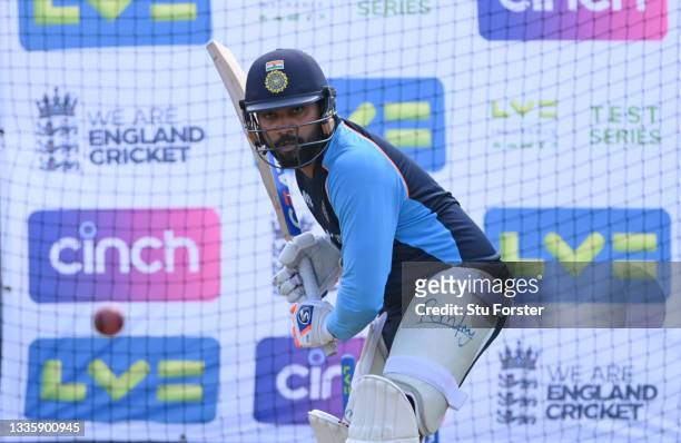 India batsman Rohit Sharma in batting action during India nets ahead of the Third Test Match against England at Emerald Headingley Stadium on August...