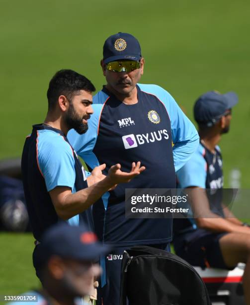 India captain Virat Kohli chats with Head Coach Ravi Shastri during India nets ahead of the Third Test Match against England at Emerald Headingley...