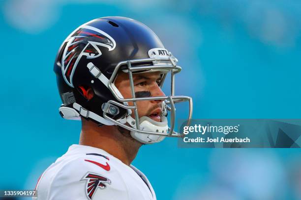 McCarron of the Atlanta Falcons looks on prior to a preseason NFL game against the Miami Dolphins on August 21, 2021 at Hard Rock Stadium in Miami...