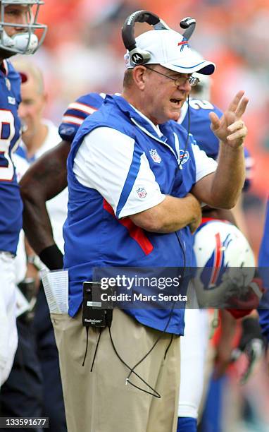 Head Coach Chan Gailey of the Buffalo Bills watches his team play against the Miami Dolphins at Sun Life Stadium on November 20, 2011 in Miami...