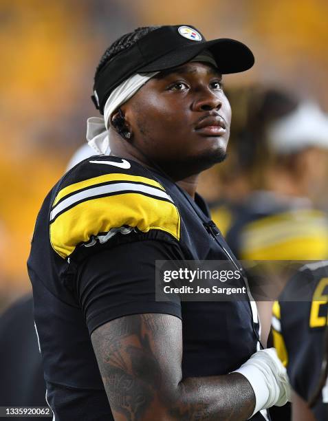 Dwayne Haskins of the Pittsburgh Steelers looks on during the game against the Detroit Lions at Heinz Field on August 21, 2021 in Pittsburgh,...