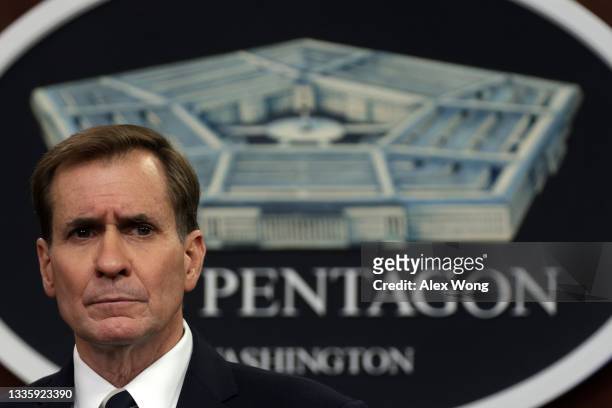 Department of Defense Press Secretary John Kirby participates in a news briefing at the Pentagon on August 23, 2021 in Arlington, Virginia. Kirby...