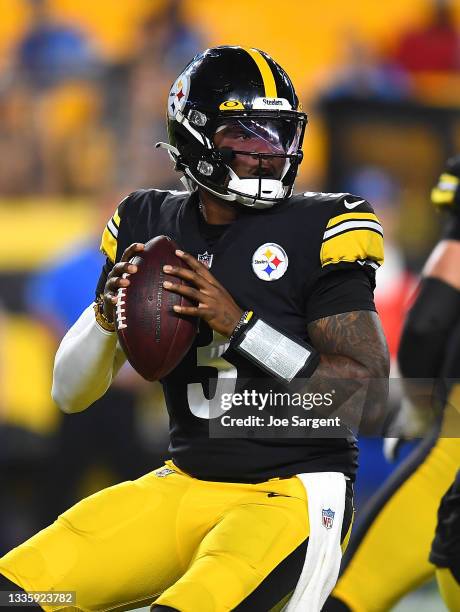 Dwayne Haskins of the Pittsburgh Steelers in action during the game against the Detroit Lions at Heinz Field on August 21, 2021 in Pittsburgh,...