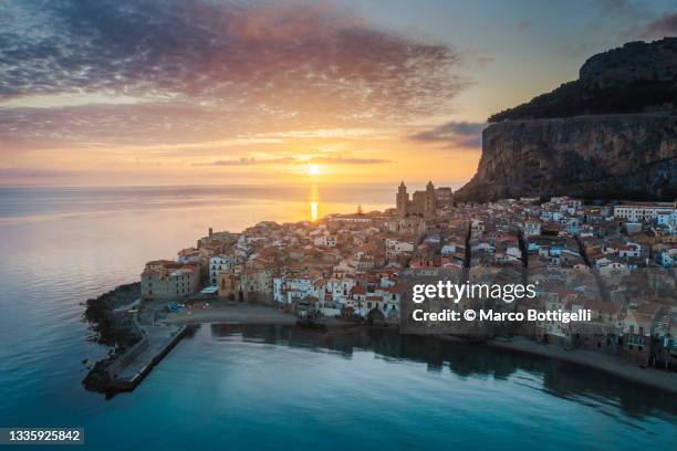 aerial cityscape at sunrise, cefalu, sicily - sicily italy stock pictures, royalty-free photos & images