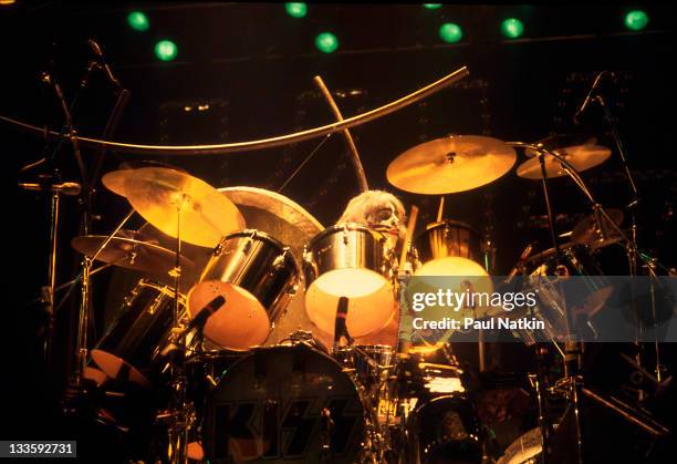 American musician Peter Criss of the group Kiss performs at the International Ampitheater, Chicago, Illinois, September 22, 1979.