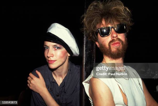 Backstage portrait of British musicians Annie Lennox and David A. Stewart of the Eurthymics at the Park West, Chicago, Illinois, July 29, 1986.