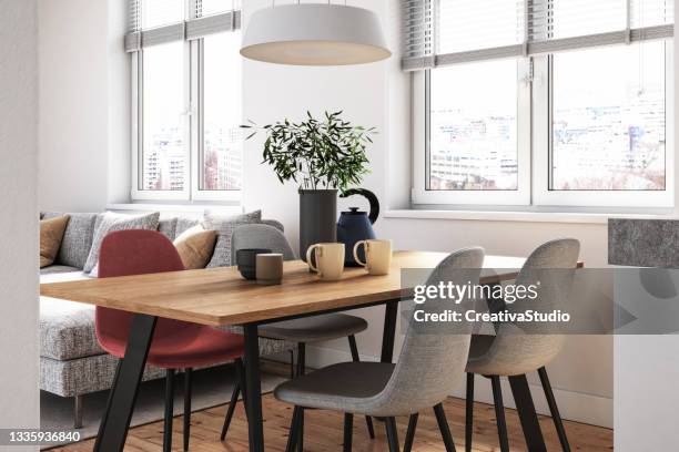 modern living room interior - 3d render - wood dining table stock pictures, royalty-free photos & images