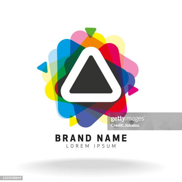 abstract multicoloured triangles with central white outline frame brand symbol - colourful letters stock illustrations