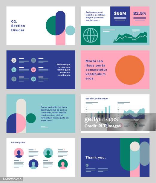 präsentationsdesignvorlage mit geometrischen retro-grafiken aus der mitte des jahrhunderts - bildschirmpräsentation stock-grafiken, -clipart, -cartoons und -symbole