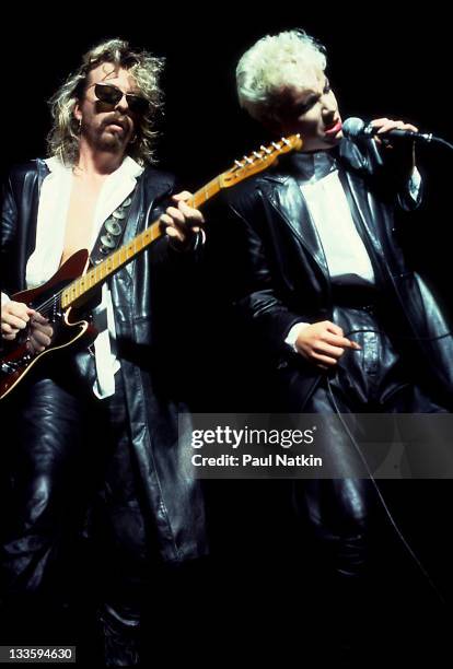 British musicians David A. Stewart and Annie Lennox of the Eurthymics perform at the Poplar Creek Music Theater in Hoffman Estates, Chicago,...