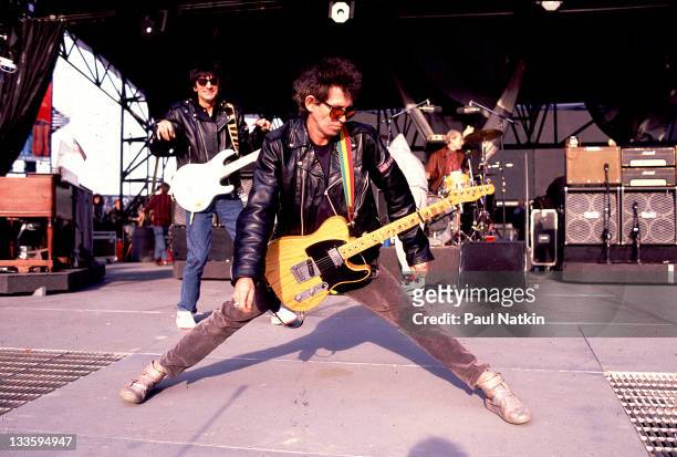 British musician Keith Richards of the Rolling Stones performs on stage during the band's 'Steel Wheels' tour, late 1989.