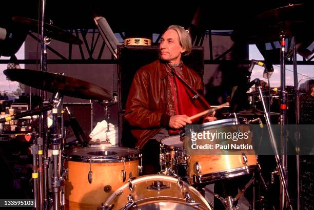 British musician Charlie Watts of the Rolling Stones performs on stage during the band's 'Steel Wheels' tour, late 1989.