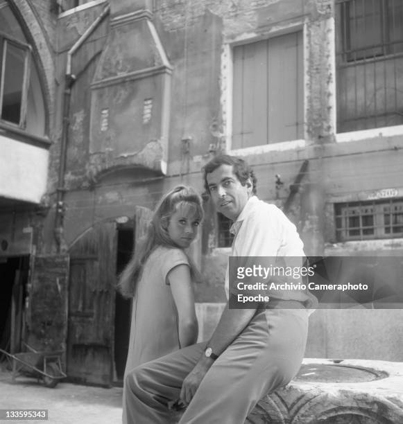American actress Jane Fonda, portrayed with Roger Vadim in the 'Remer' square, Venice, 1967