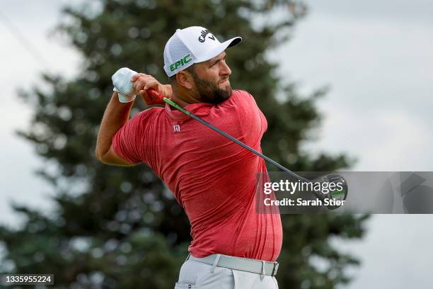 Jon Rahm of Spain plays his shot from the fifth tee during the final round of THE NORTHERN TRUST, the first event of the FedExCup Playoffs, at...
