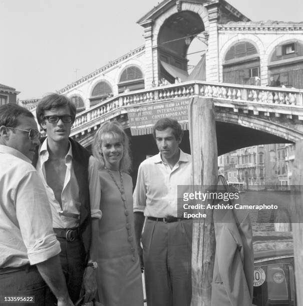 American actress Jane Fonda with her brother Peter Fonda and her husband Roger Vadim portrayed down Rialto bridge, Venice, 1967.