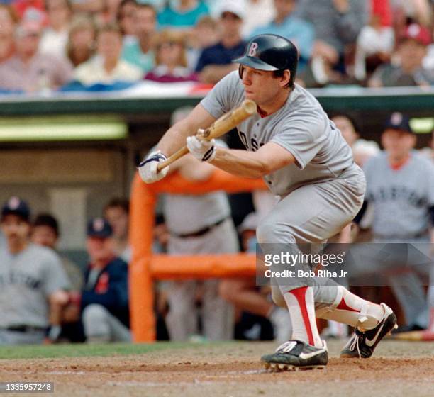Boston Red Sox catcher Rich Gedman makes a bunt attempt during ALCS, October 12, 1986 in Anaheim, California.