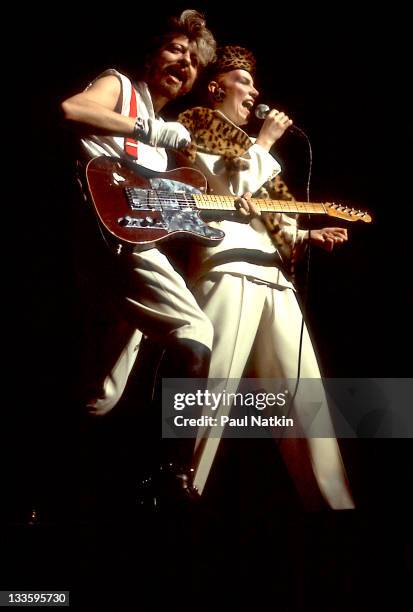 British musicians David A. Stewart and Annie Lennox of the Eurthymics perform at the Auditorium Theater, Chicago, Illinois, April 5, 1984.