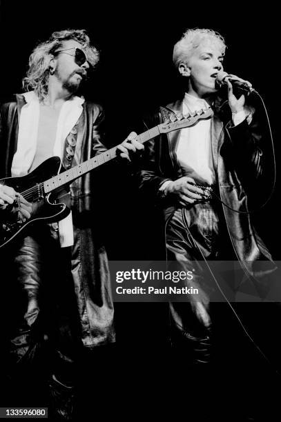 British musicians David A. Stewart and Annie Lennox of the Eurthymics perform at the Poplar Creek Music Theater in Hoffman Estates, Chicago,...