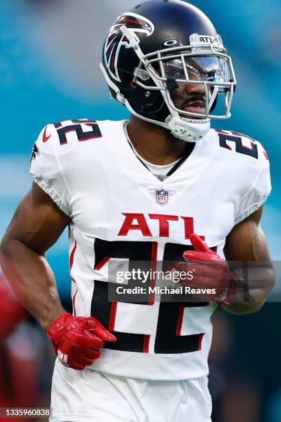 Fabian Moreau of the Atlanta Falcons warms up prior to a preseason game against the Miami Dolphins at Hard Rock Stadium on August 21, 2021 in Miami...
