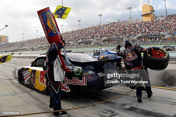 Kasey Kahne, driver of the Red Bull Toyota, pits during the NASCAR Sprint Cup Series Ford 400 at Homestead-Miami Speedway on November 20, 2011 in...