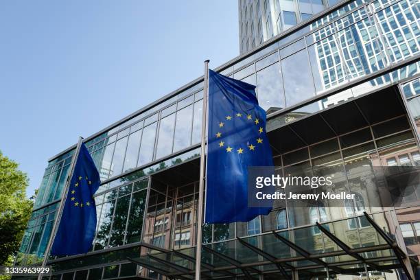 View of EU flags flying on August 20, 2021 in Frankfurt, Germany.