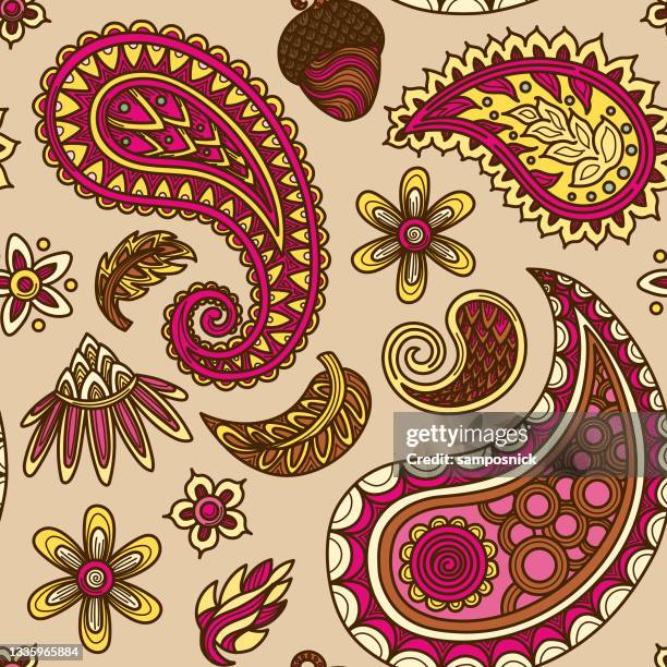 ilustraciones, imágenes clip art, dibujos animados e iconos de stock de 1960s inspirado otoño hippie paisley patrón sin costuras - diseño cachemir