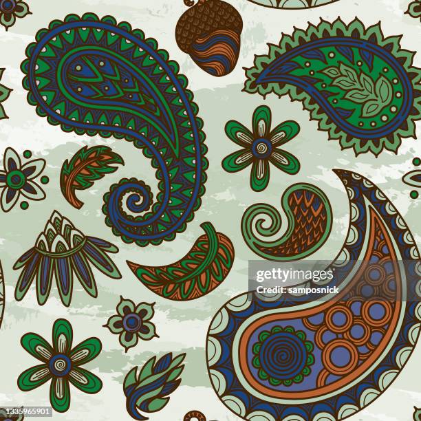 ilustraciones, imágenes clip art, dibujos animados e iconos de stock de 1960s inspirado otoño hippie paisley patrón sin costuras - diseño cachemir